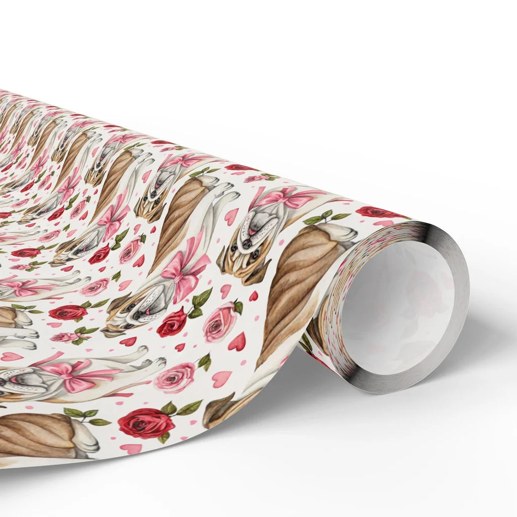 Bulldog Valentine Wrapping Paper with Roses and Bows — paper roll
