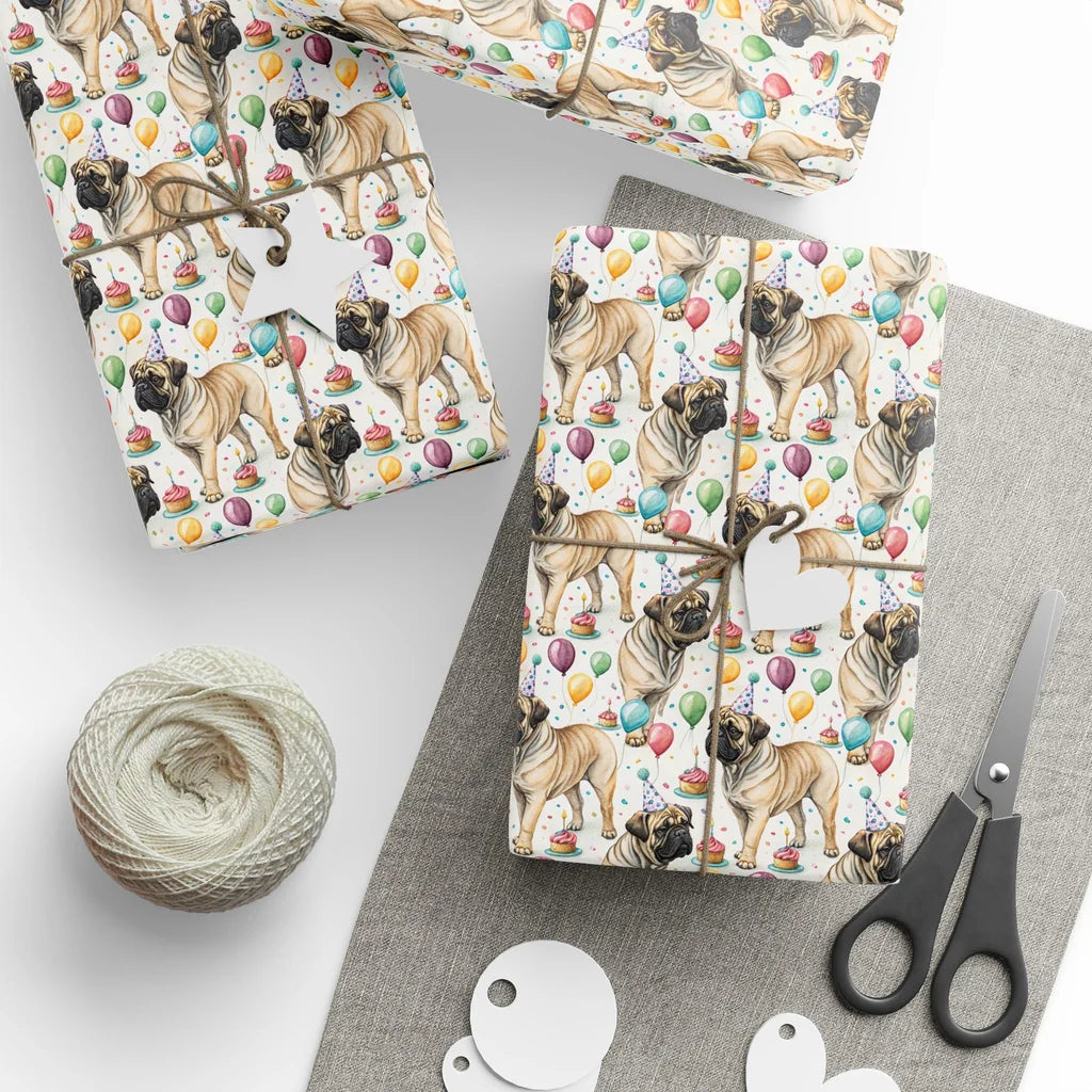 Bullmastiff Birthday Wrapping Paper — styled gift wrapping with scissors and twine