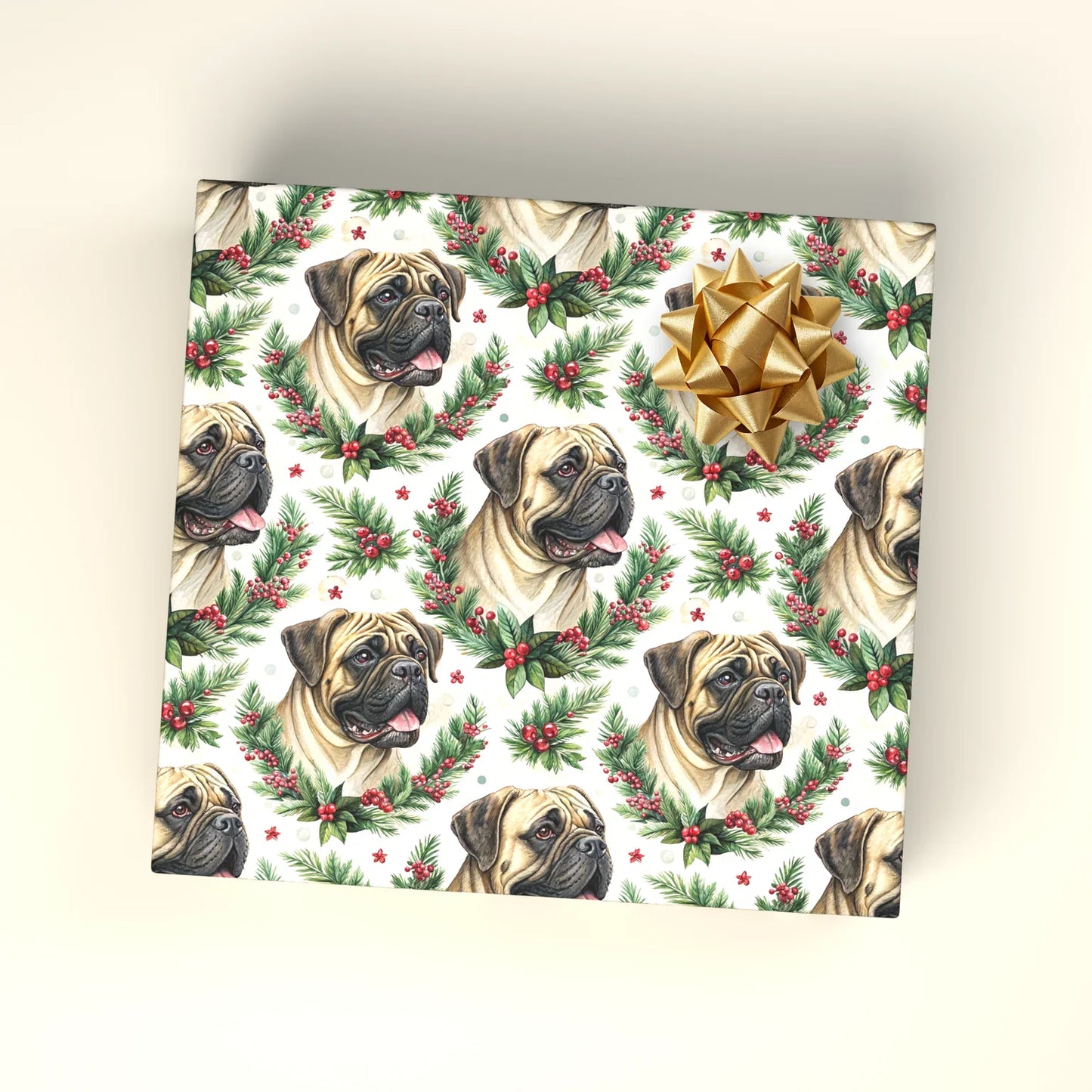 Bullmastiff Portrait Wreath Wrapping Paper — wrapped gift presentation