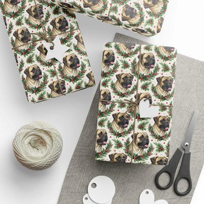 Bullmastiff Portrait Wreath Wrapping Paper — styled gift wrapping with scissors and twine
