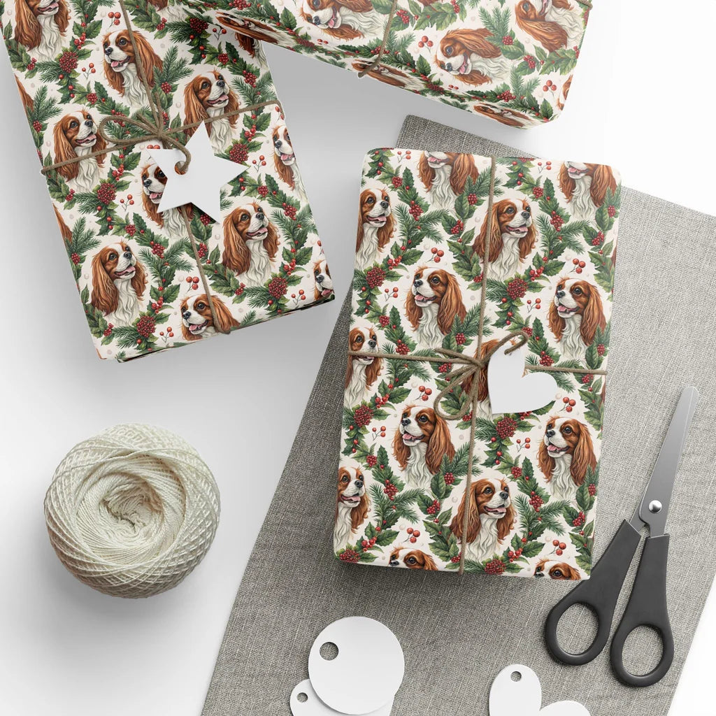 Cavalier King Charles Spaniel Christmas Wrapping Paper — styled gift wrapping with scissors and twine