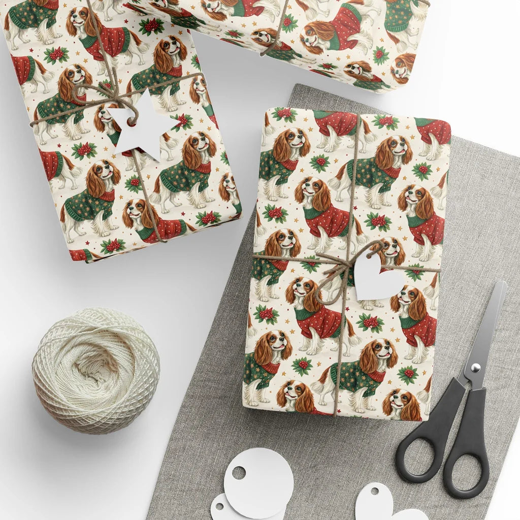 Cavalier King Charles Spaniel Christmas Wrapping Paper — styled gift wrapping with scissors and twine
