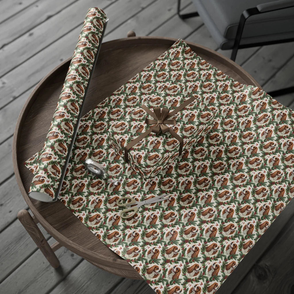 Cavalier King Charles Spaniel Christmas Wrapping Paper — gift wrapping presented on a wooden table