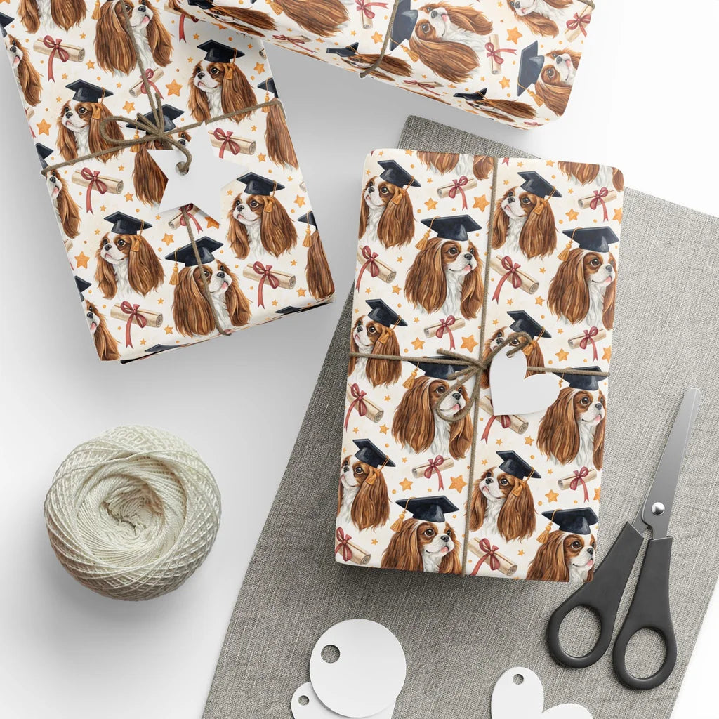 Cavalier King Charles Spaniel Graduation Wrapping Paper — styled gift wrapping with scissors and twine