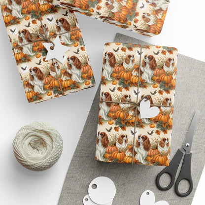 Cavalier King Charles Spaniel Halloween Wrapping Paper — styled gift wrapping with scissors and twine