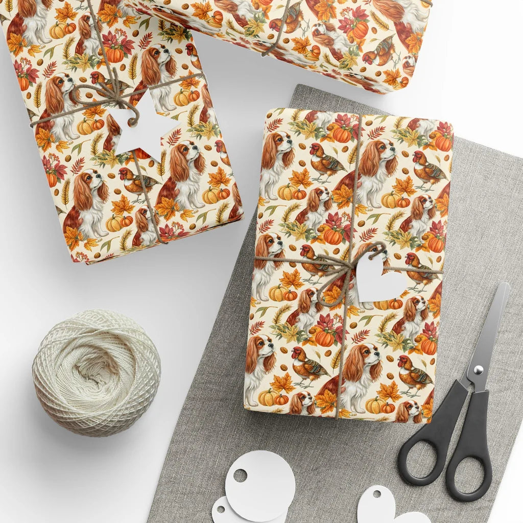 Cavalier King Charles Spaniel Thanksgiving Wrapping Paper — styled gift wrapping with scissors and twine