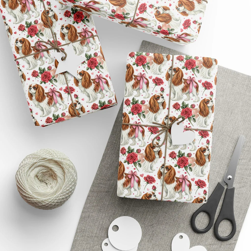 Cavalier King Charles Spaniel Valentine Wrapping Paper — styled gift wrapping with scissors and twine