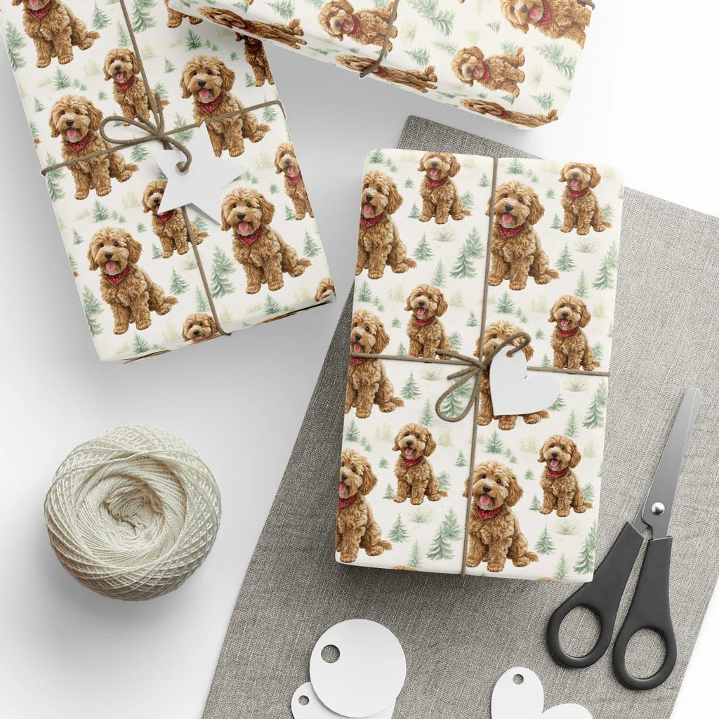 Cavapoo Christmas Wrapping Paper — styled gift wrapping with scissors and twine