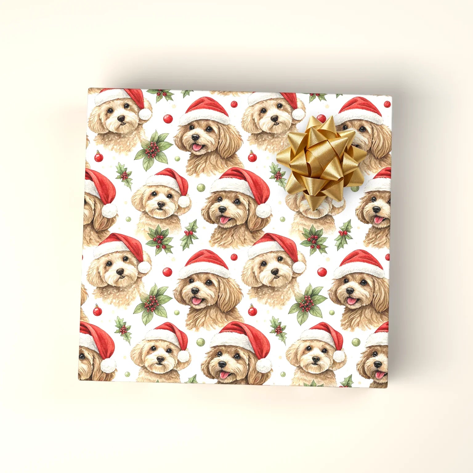 Cavapoo Christmas Wrapping Paper — Santa Hat Cuties — wrapped gift presentation