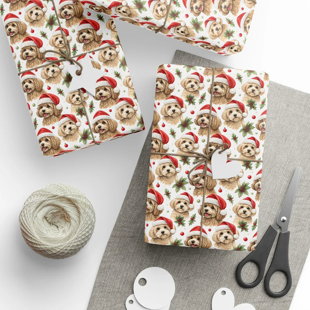 Cavapoo Christmas Wrapping Paper — Santa Hat Cuties — styled gift wrapping with scissors and twine