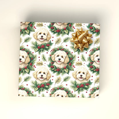 Cavapoo Christmas Wrapping Paper with Holiday Wreaths — wrapped gift presentation