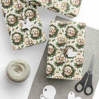 Cavapoo Christmas Wrapping Paper with Holiday Wreaths — styled gift wrapping with scissors and twine