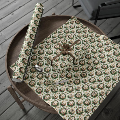 Cavapoo Christmas Wrapping Paper with Holiday Wreaths — gift wrapping presented on a wooden table