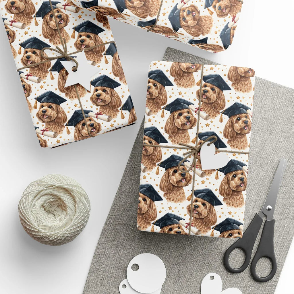 Cavapoo Graduation Wrapping Paper — styled gift wrapping with scissors and twine