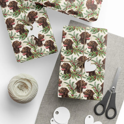 Chocolate Labrador Retriever Portrait Wreath Wrapping Paper — styled gift wrapping with scissors and twine