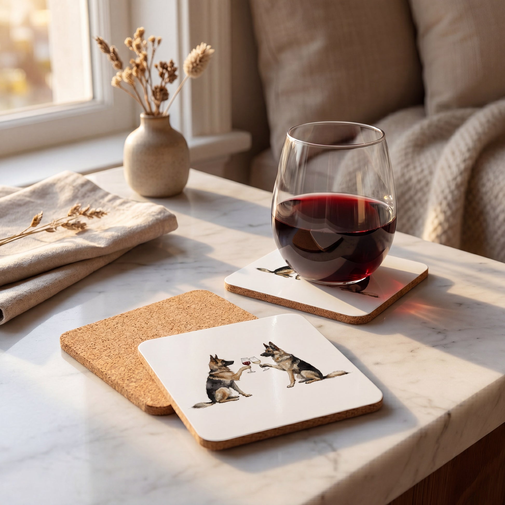 German Shepherd Happy Hour coaster set styled on a table