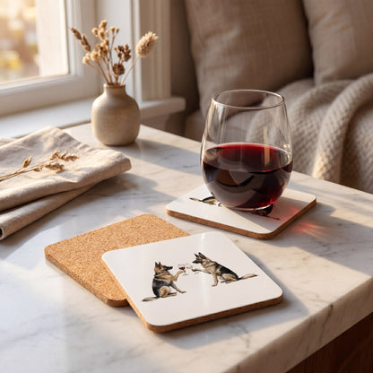 German Shepherd Happy Hour coaster set styled on a table