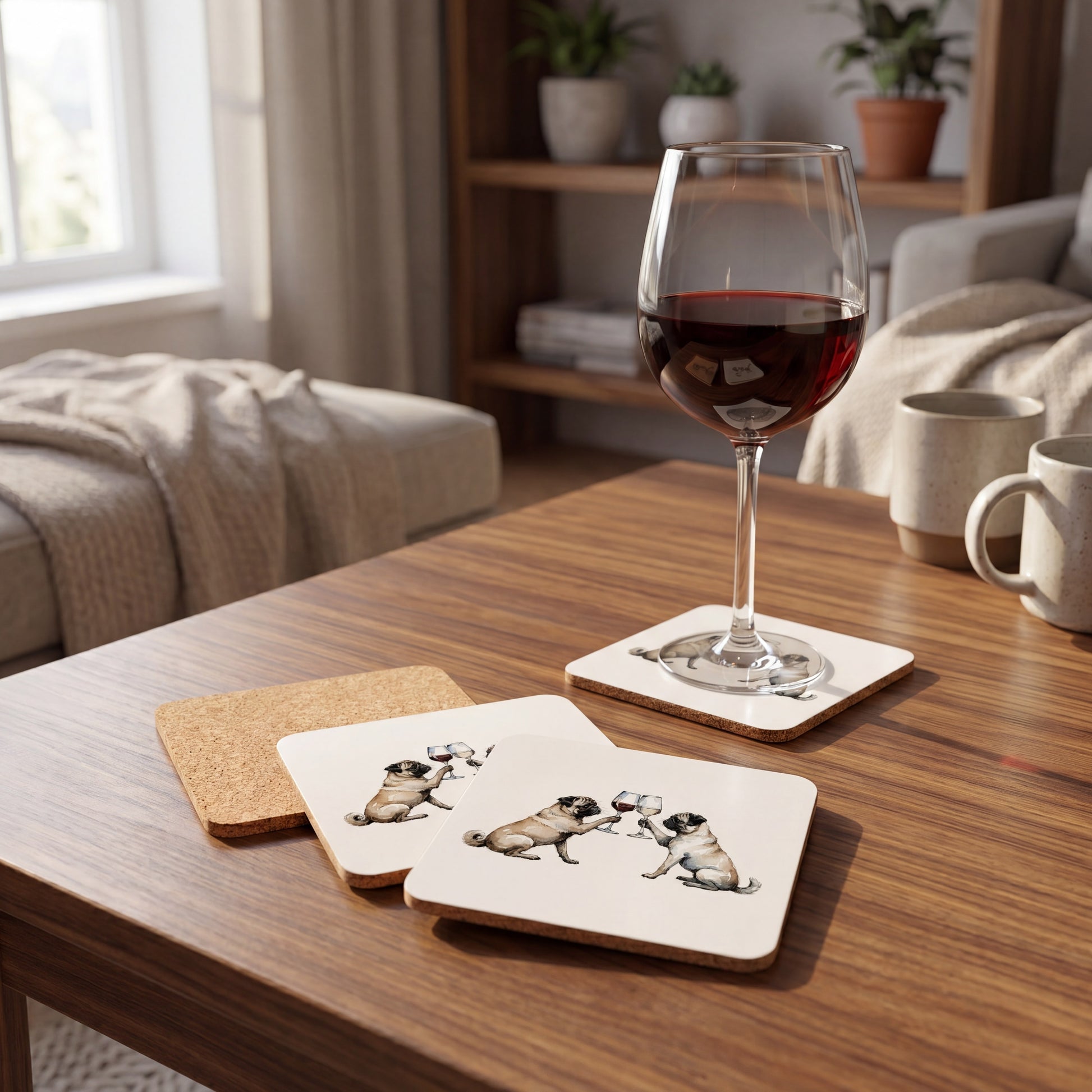 Pug Happy Hour coaster set styled on a table