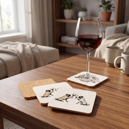 Pug Happy Hour coaster set styled on a table