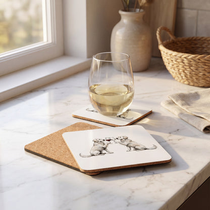 Golden Retriever Happy Hour coaster set styled on a table