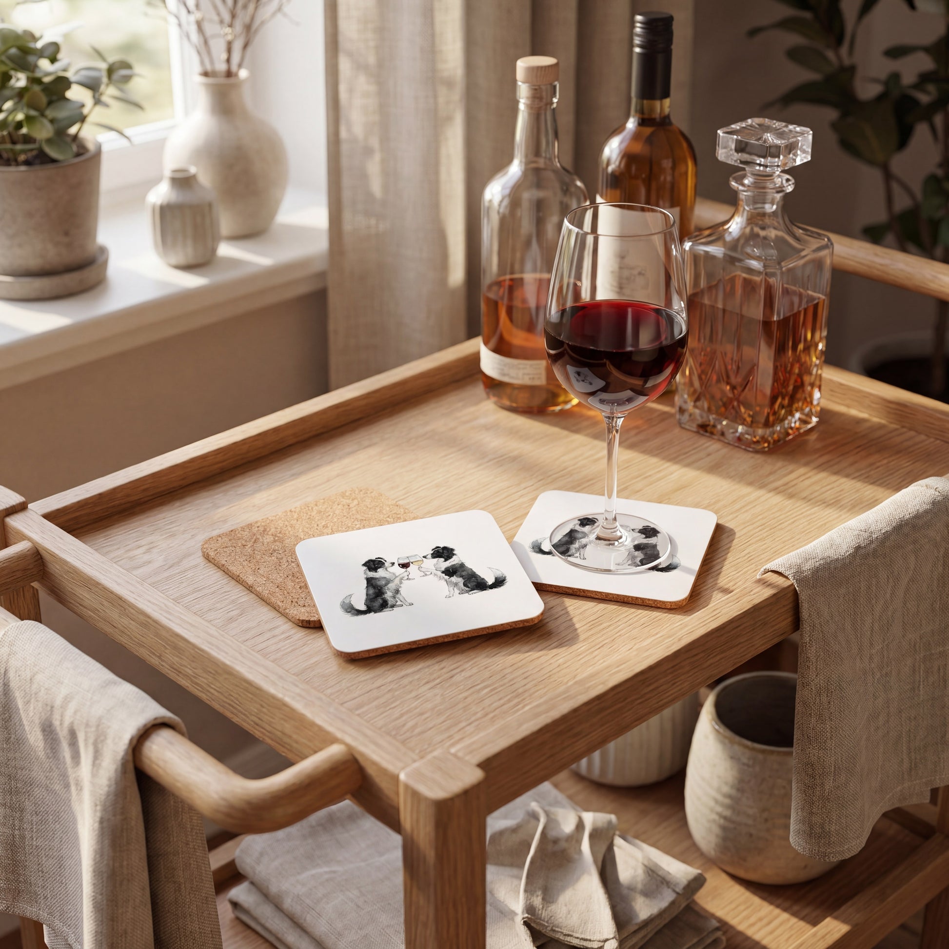 Border Collie Happy Hour coaster set styled on a table