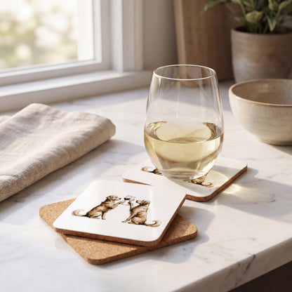 Golden Retriever Happy Hour coaster set styled on a table