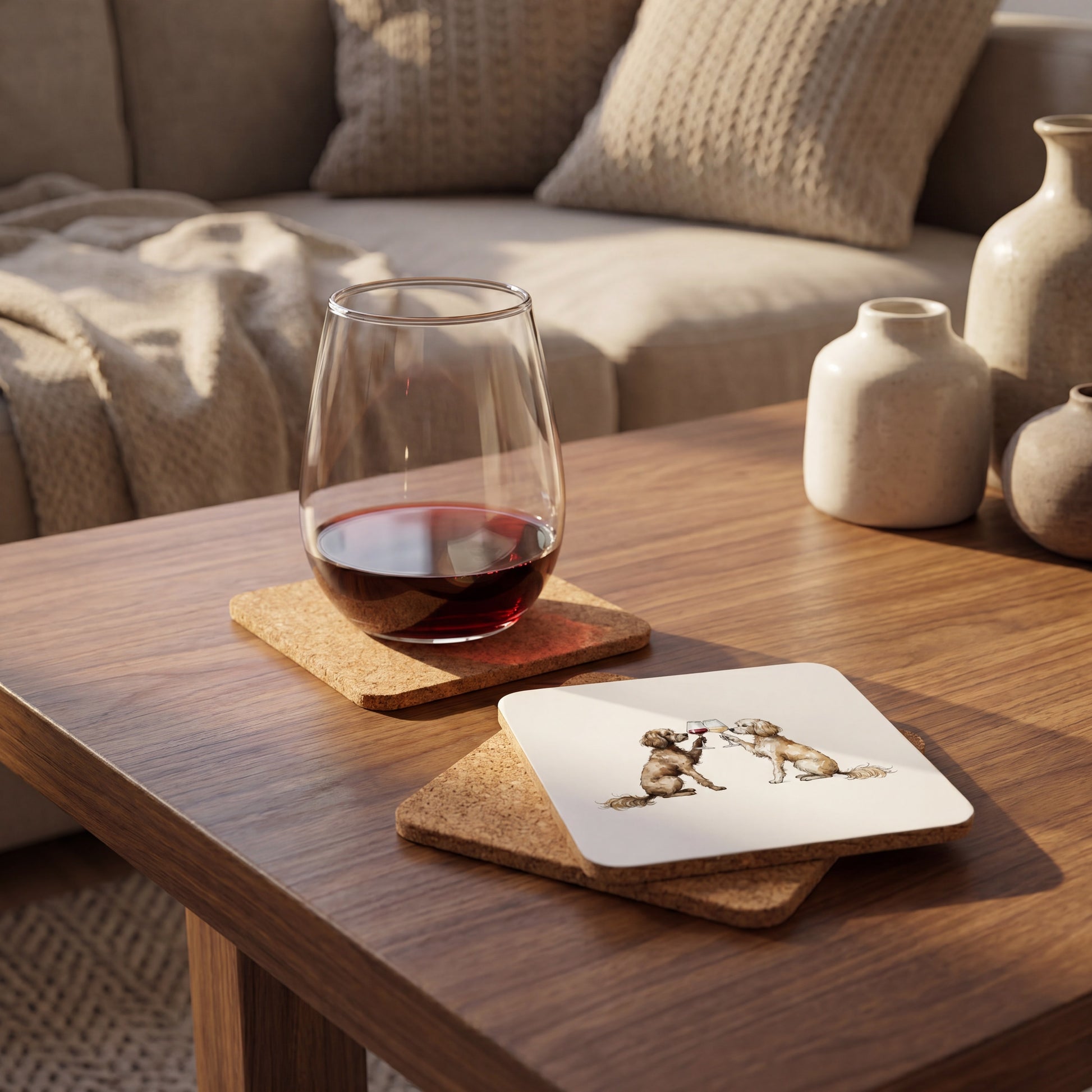 Cavapoo Happy Hour coaster set styled on a table