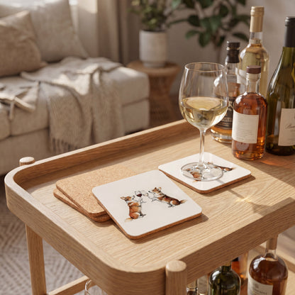 Corgi Happy Hour coaster set styled on a table