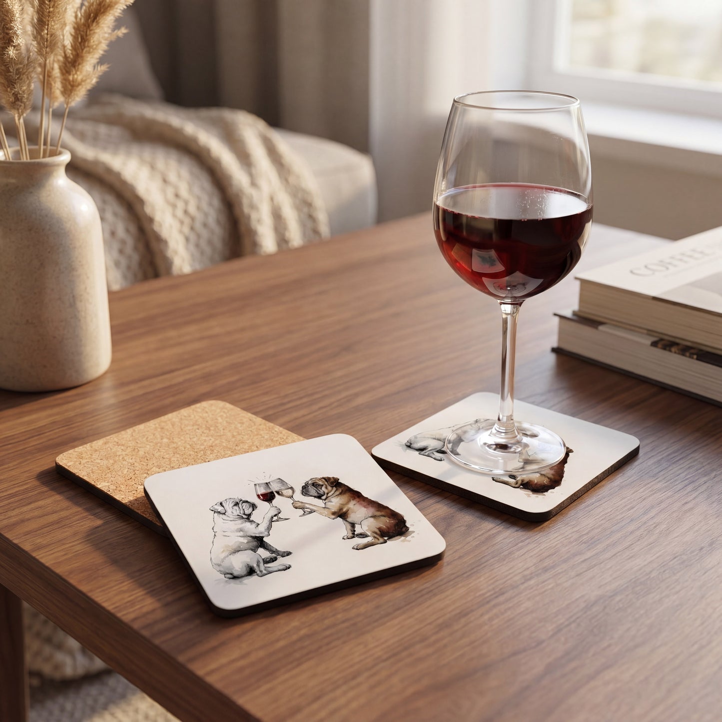 English Bulldog Happy Hour coaster set styled on a table