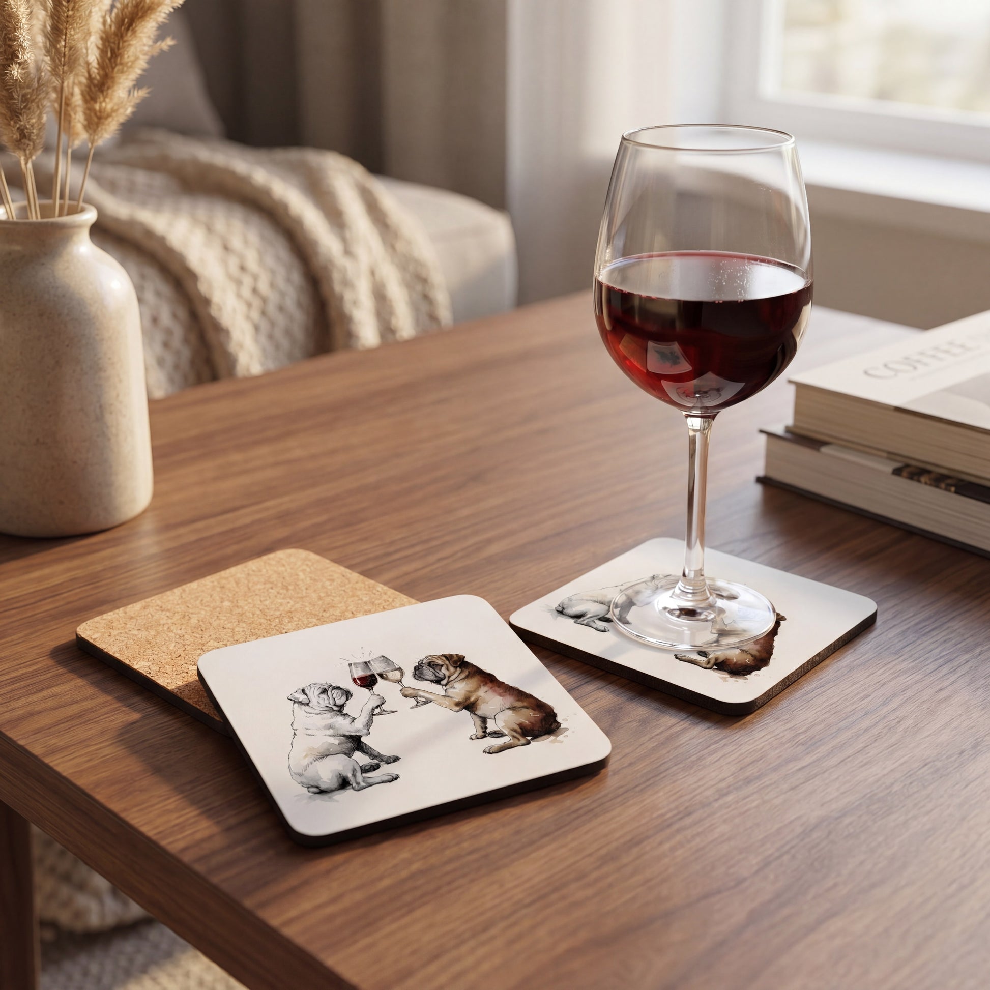 English Bulldog Happy Hour coaster set styled on a table
