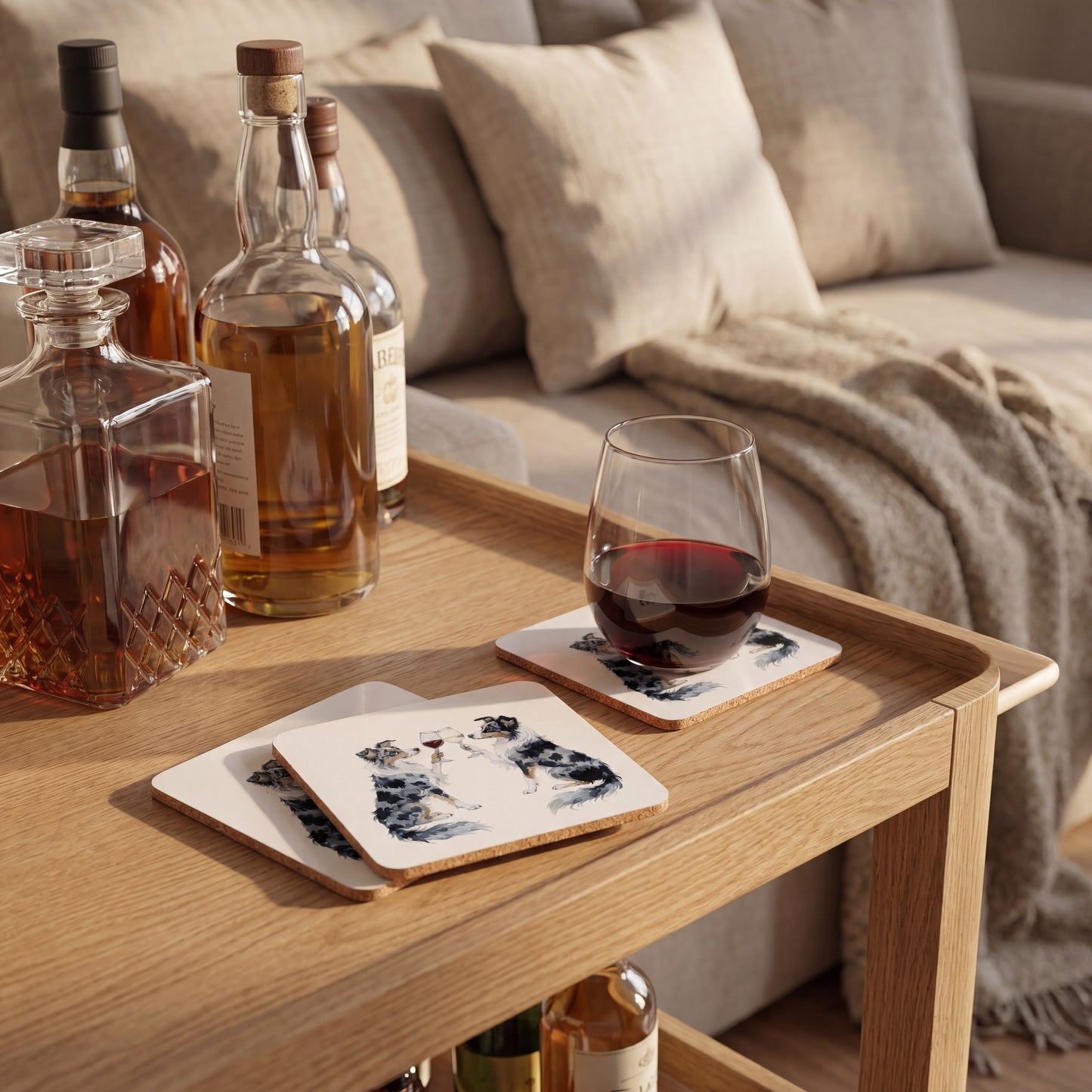 Australian Shepherd Happy Hour coaster set styled on a table