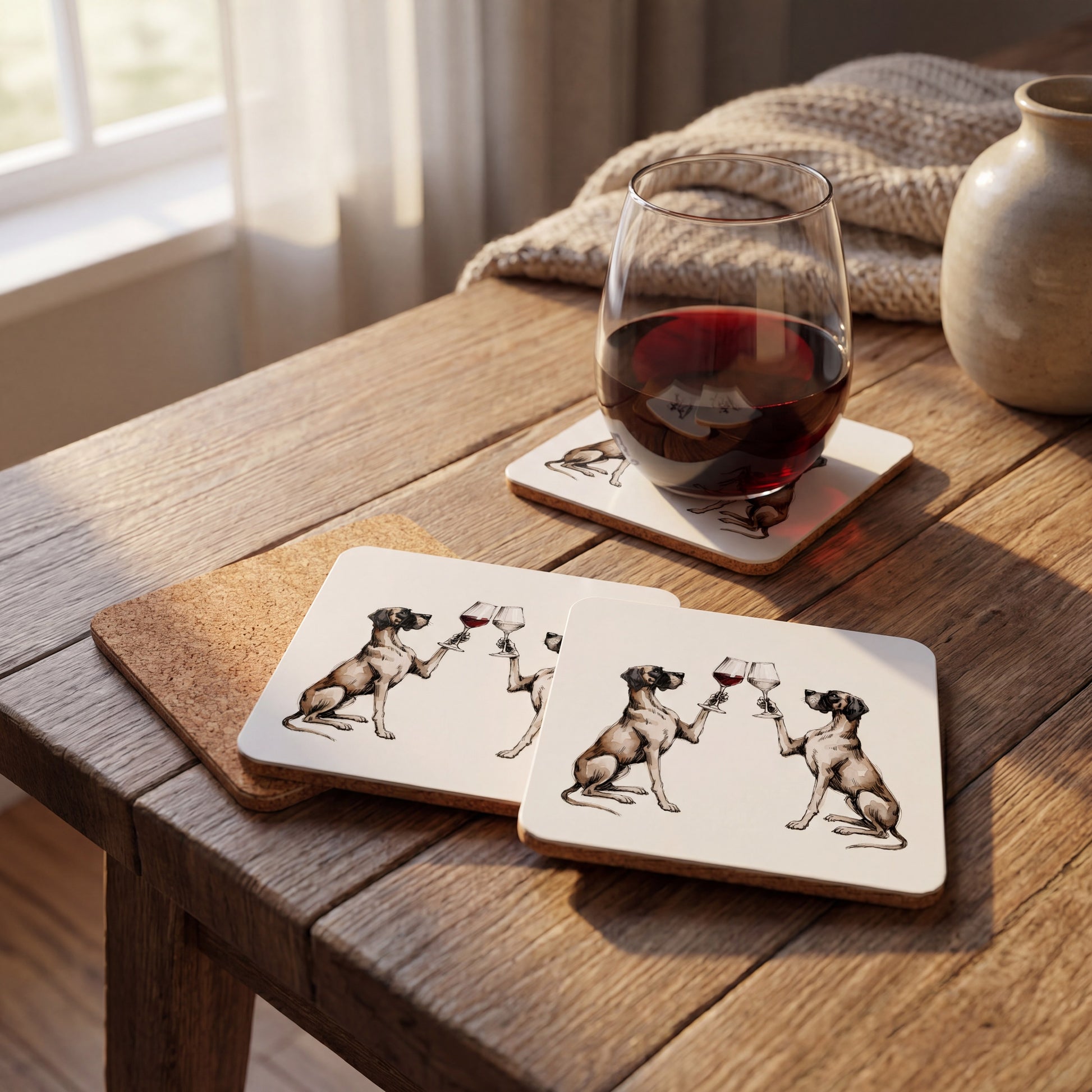 Great Dane Happy Hour coaster set styled on a table