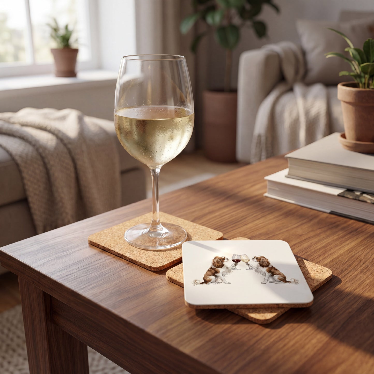 Cavalier King Charles Spaniel Happy Hour coaster set styled on a table