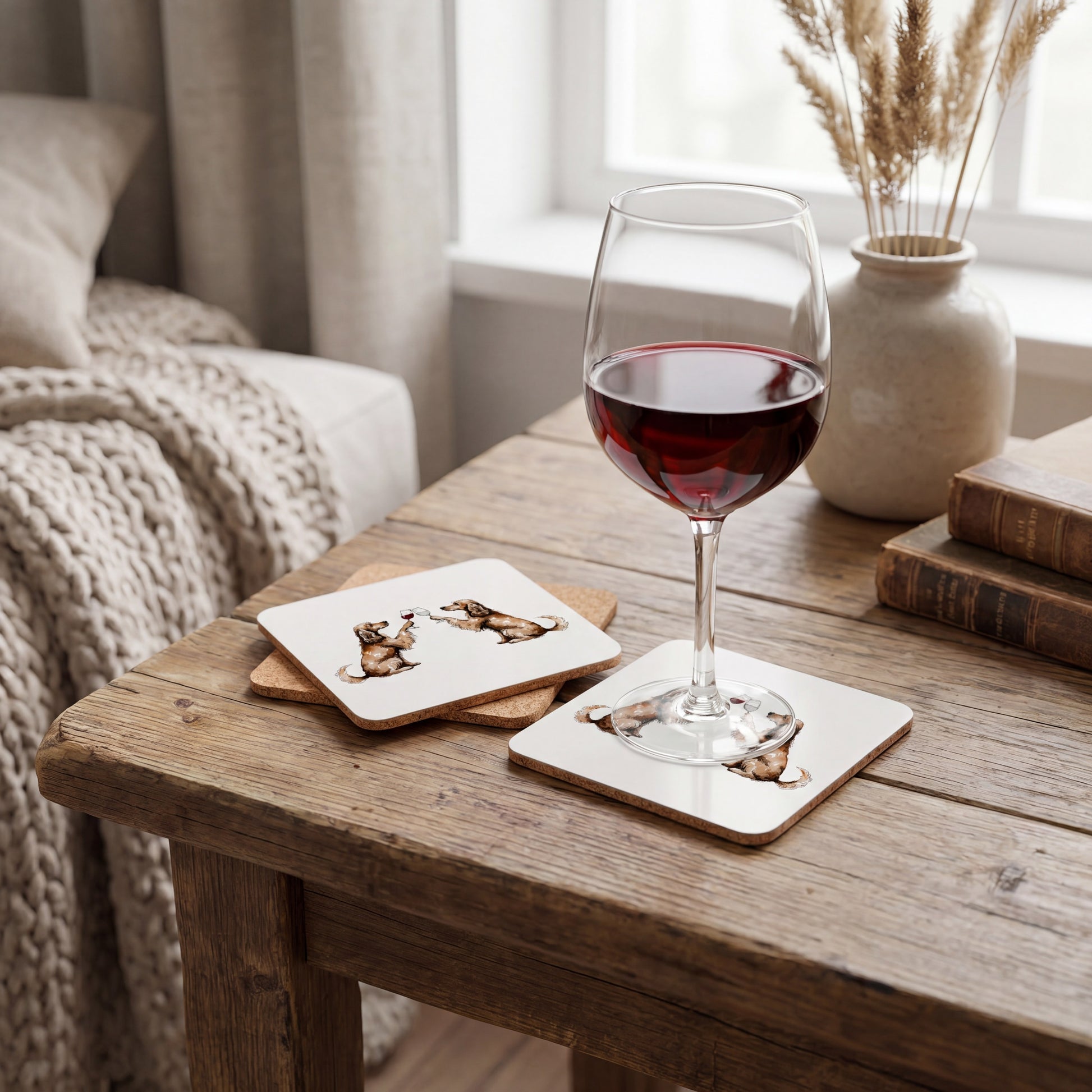 Cocker Spaniel Happy Hour coaster set styled on a table