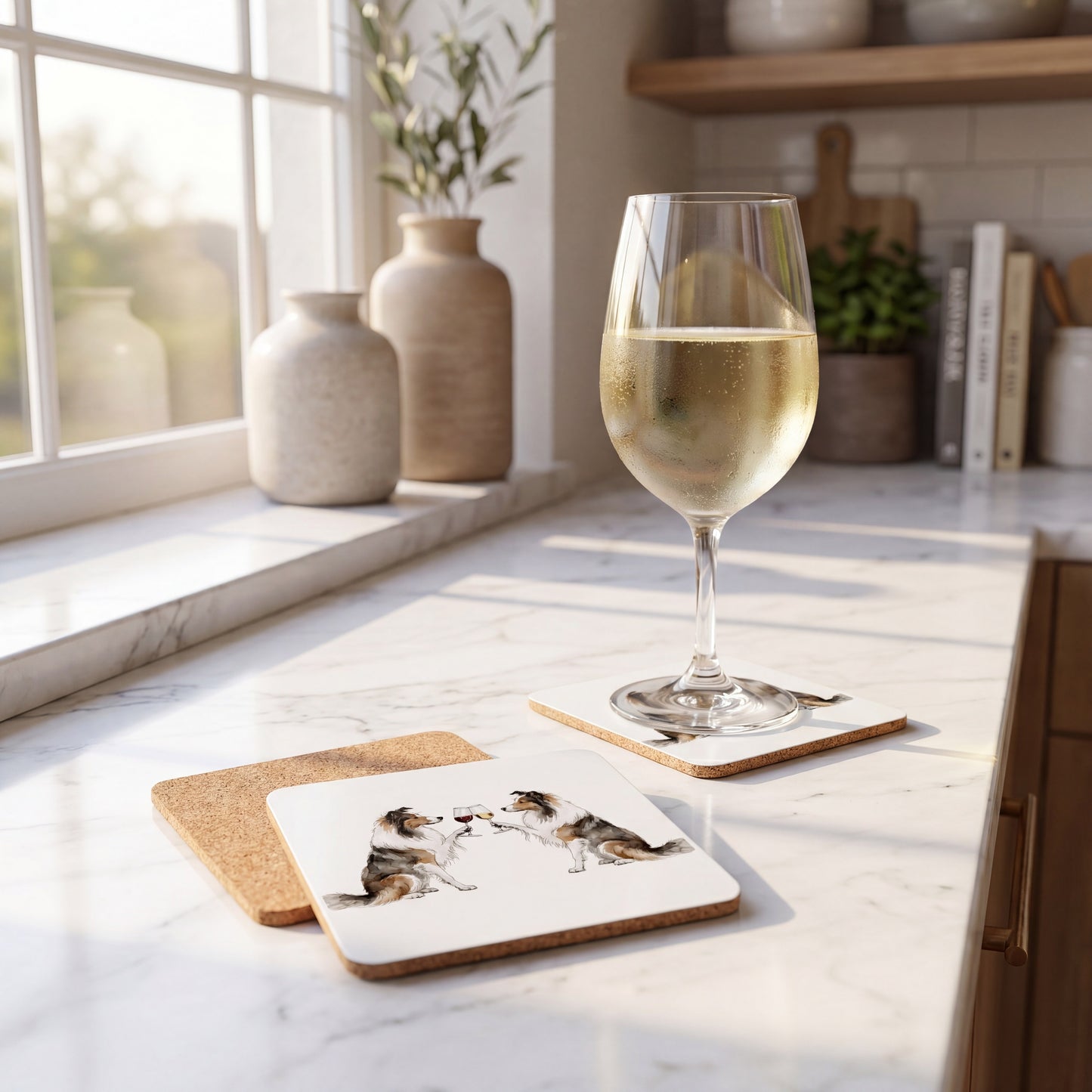 Sheltie Happy Hour coaster set styled on a table