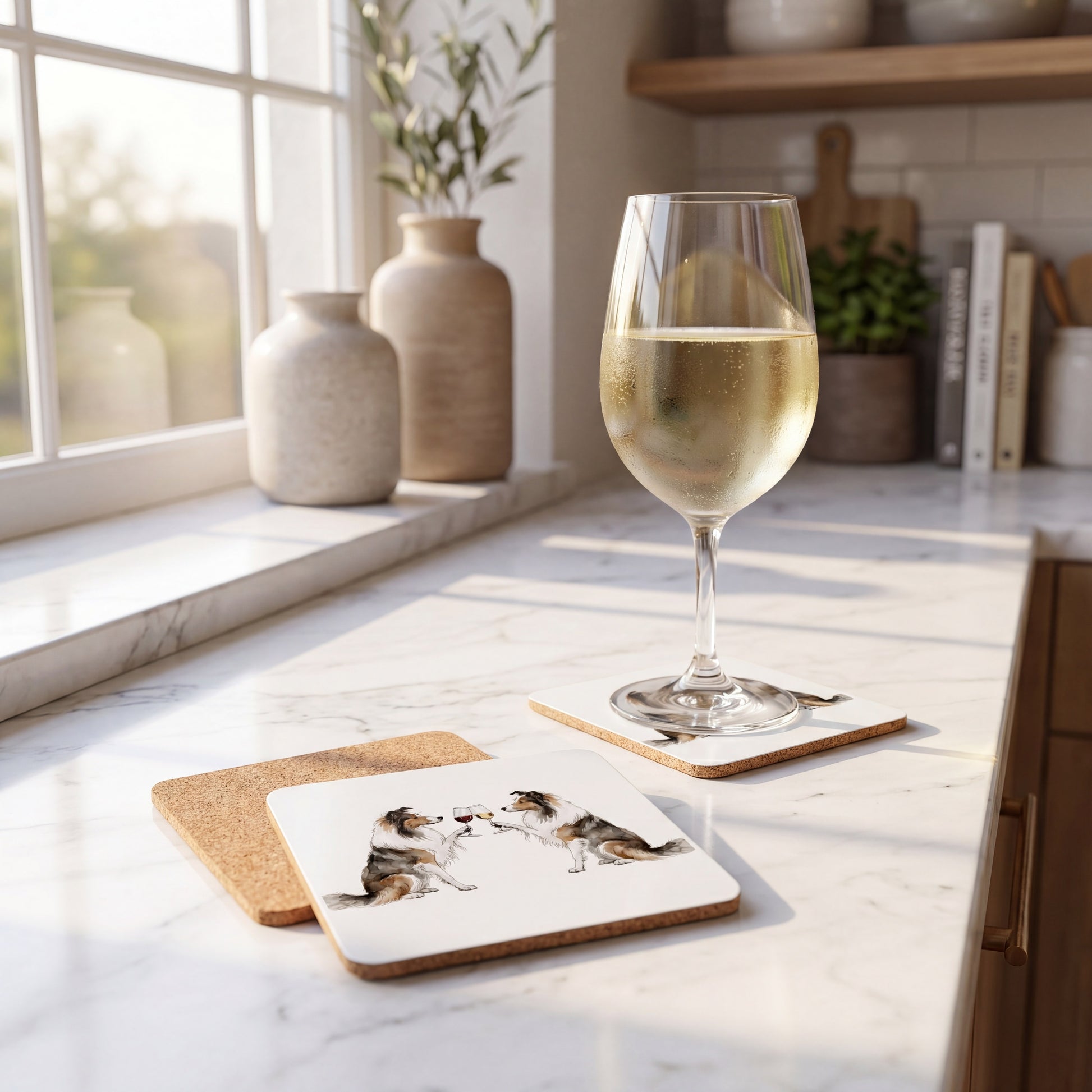 Sheltie Happy Hour coaster set styled on a table
