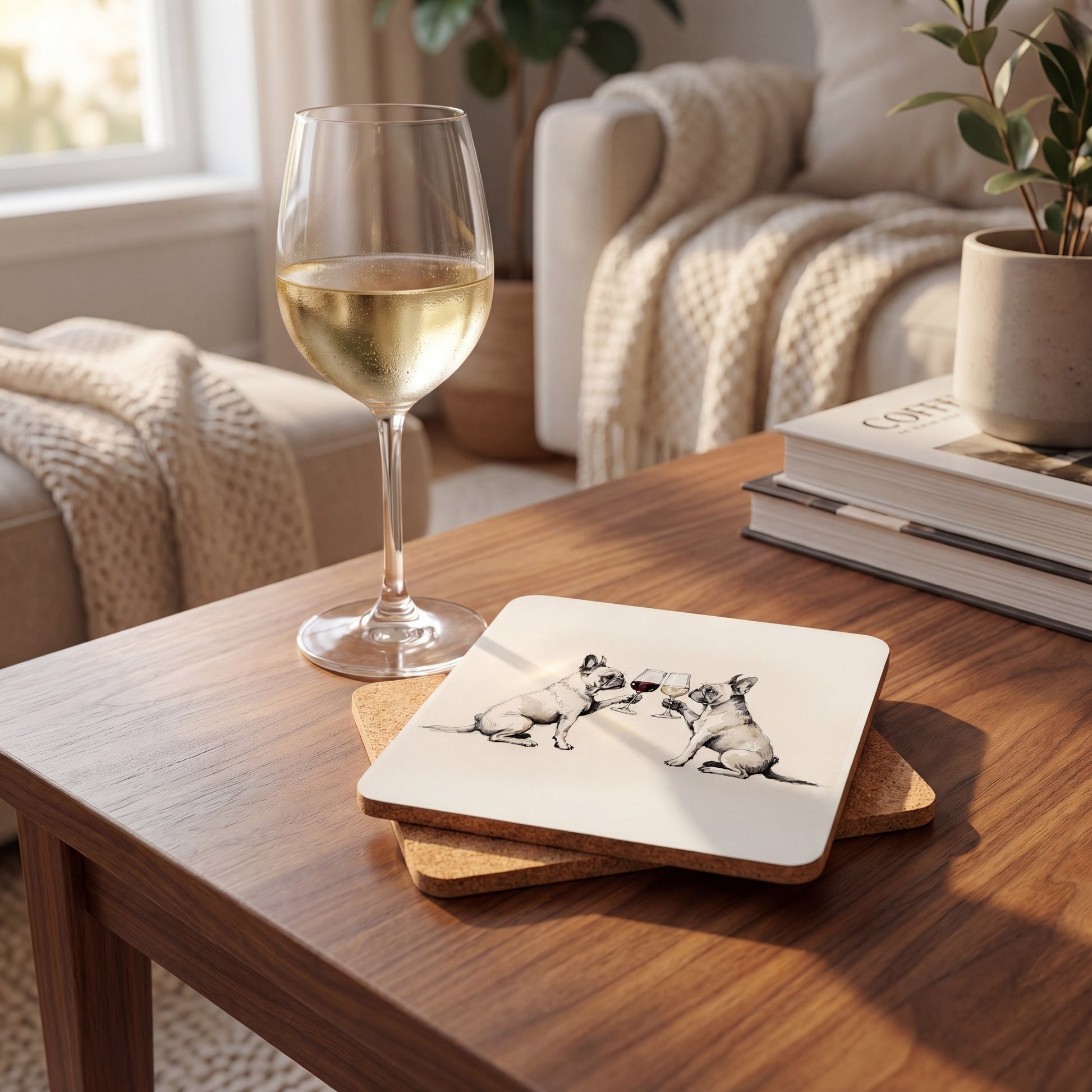 French Bulldog Happy Hour coaster set styled on a table