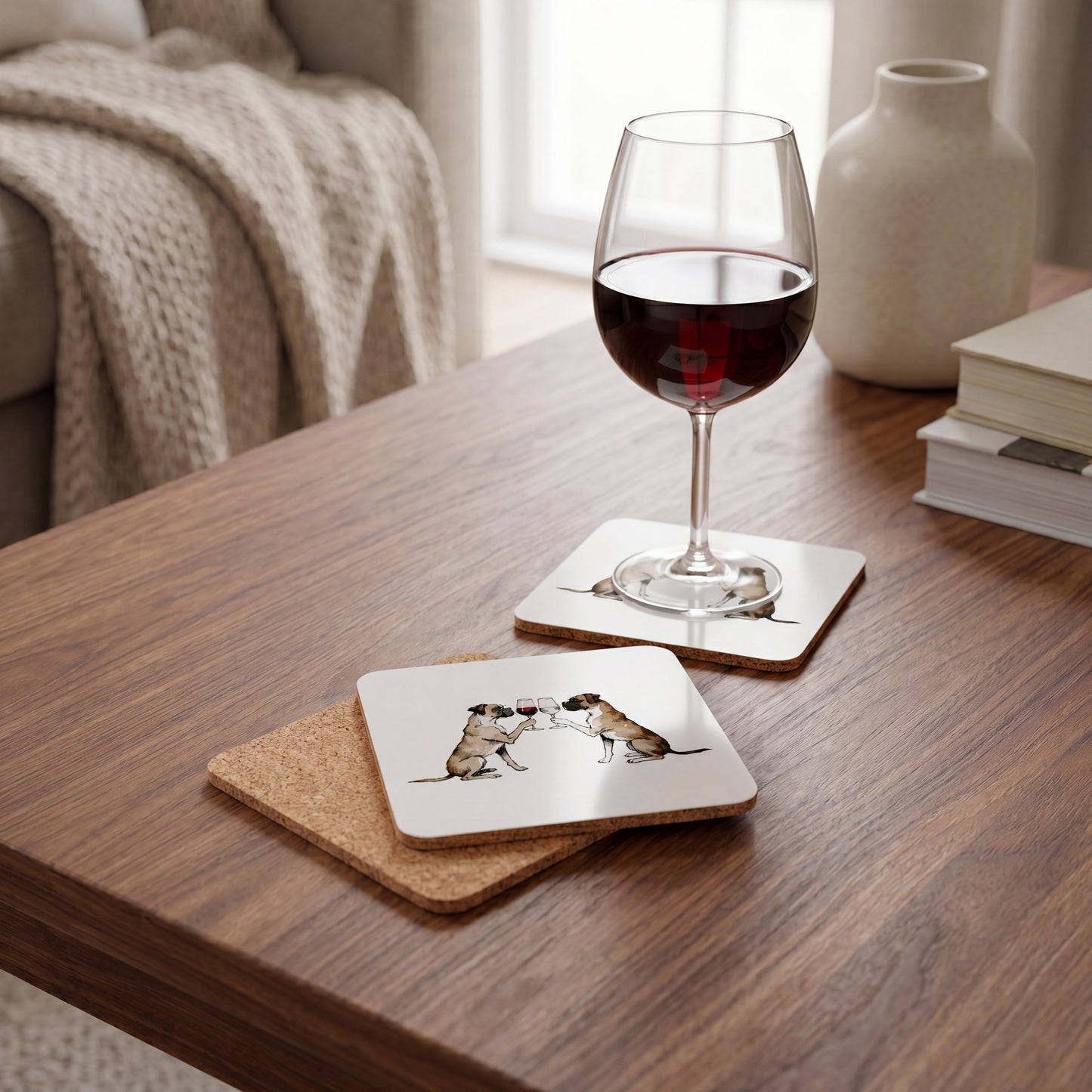 Boxer Happy Hour coaster set styled on a table