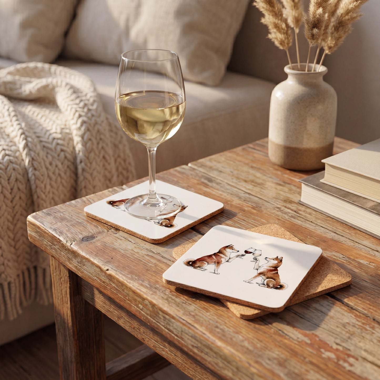Shiba Inu Happy Hour coaster set styled on a table