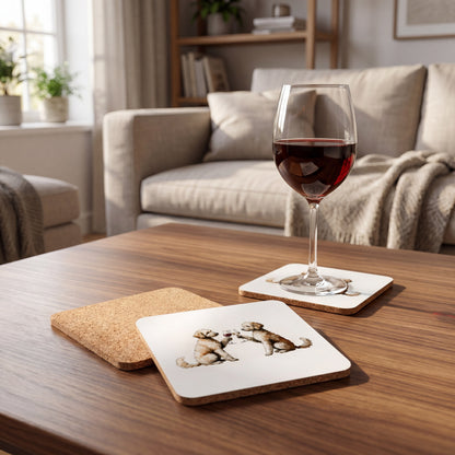 Goldendoodle Happy Hour coaster set styled on a table