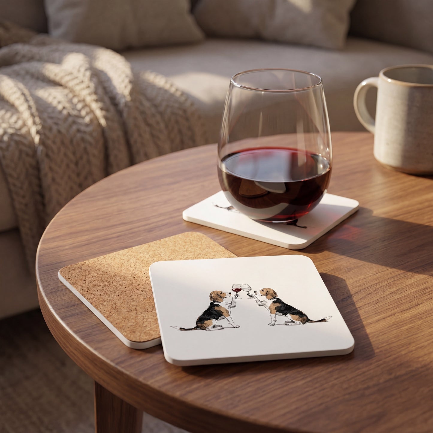 Beagle Happy Hour coaster set styled on a table