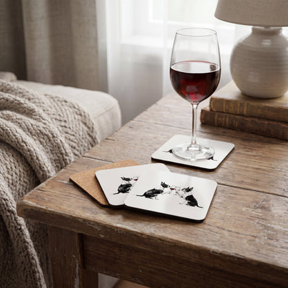 Boston Terrier Happy Hour coaster set styled on a table