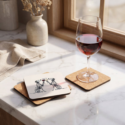 Dalmatian Happy Hour coaster set styled on a table