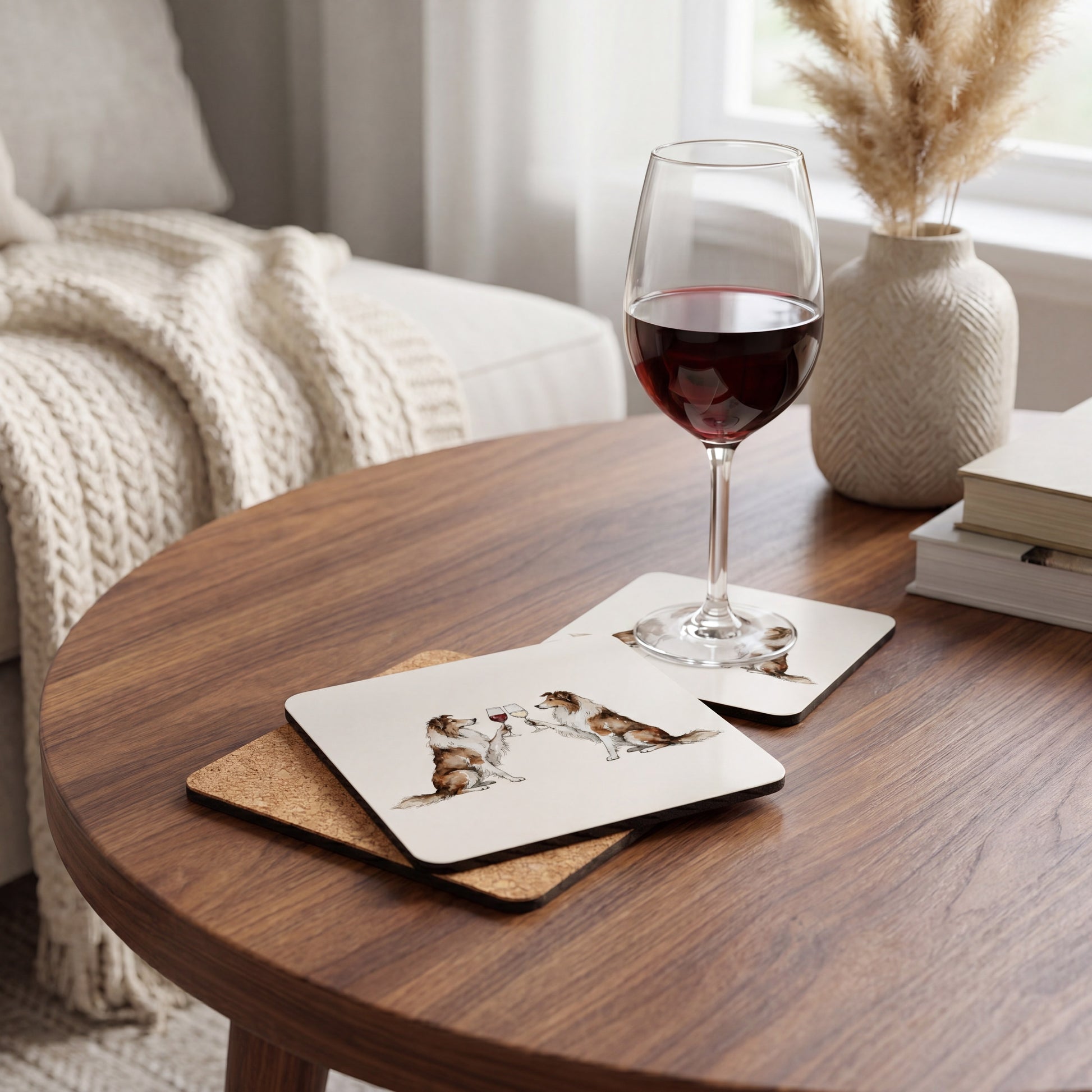 Collie Happy Hour coaster set styled on a table