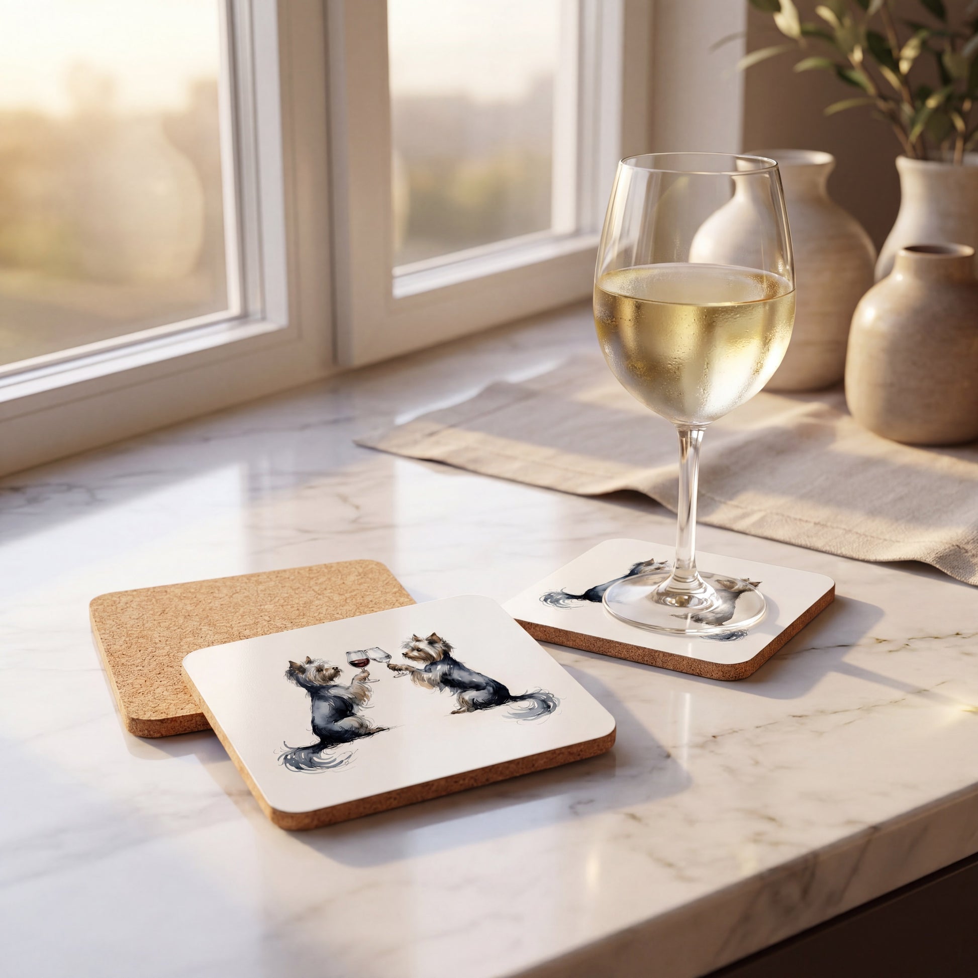 Yorkshire Terrier Happy Hour coaster set styled on a table