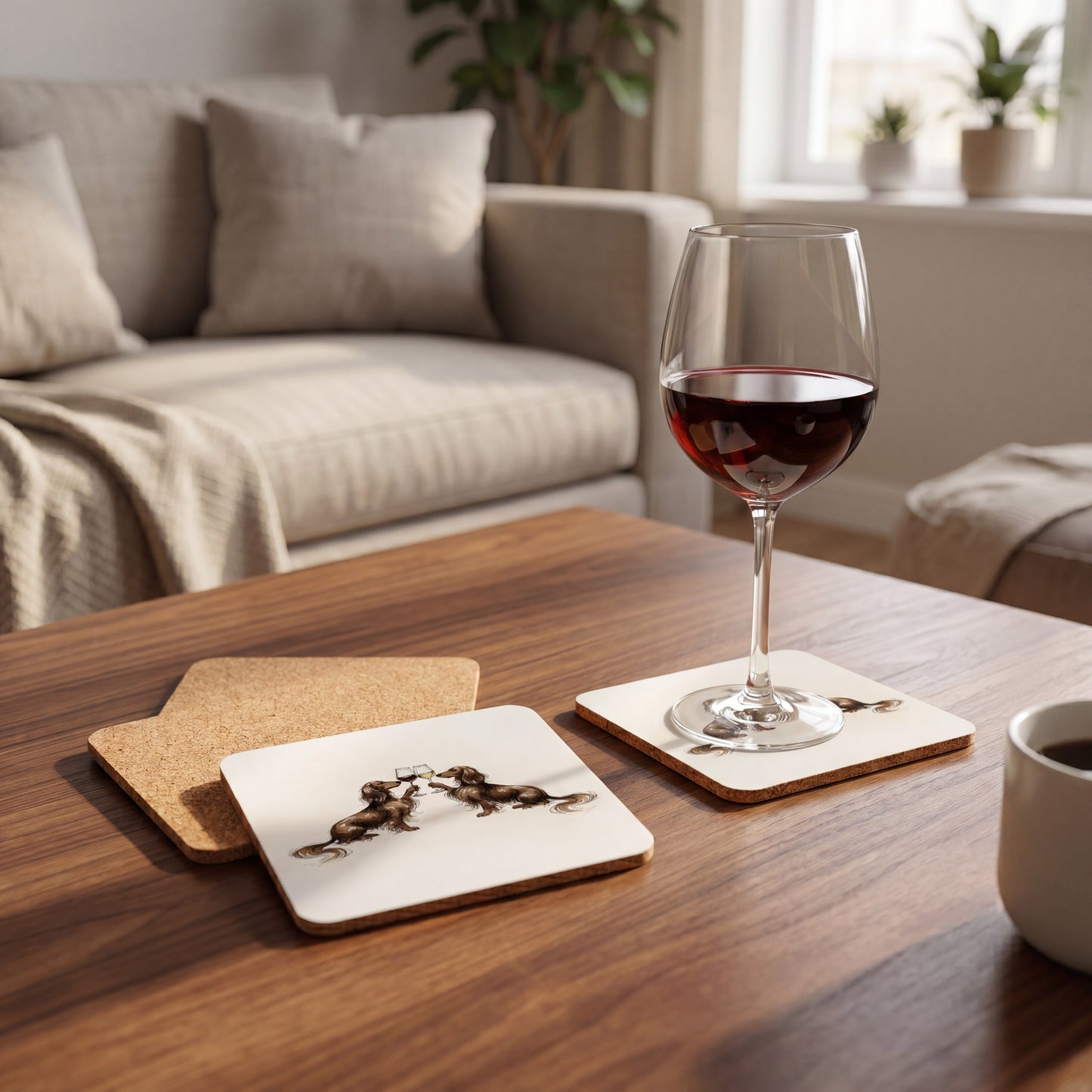 Dachshund Happy Hour coaster set styled on a table