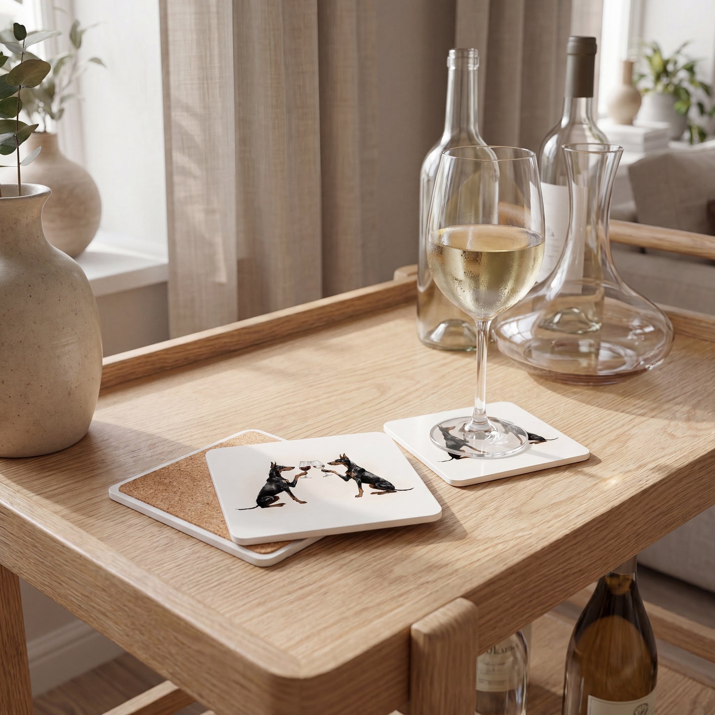Doberman Happy Hour coaster set styled on a table