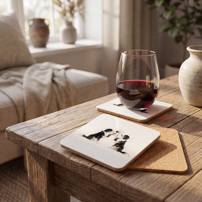 Bernese Mountain Dog Happy Hour coaster set styled on a table