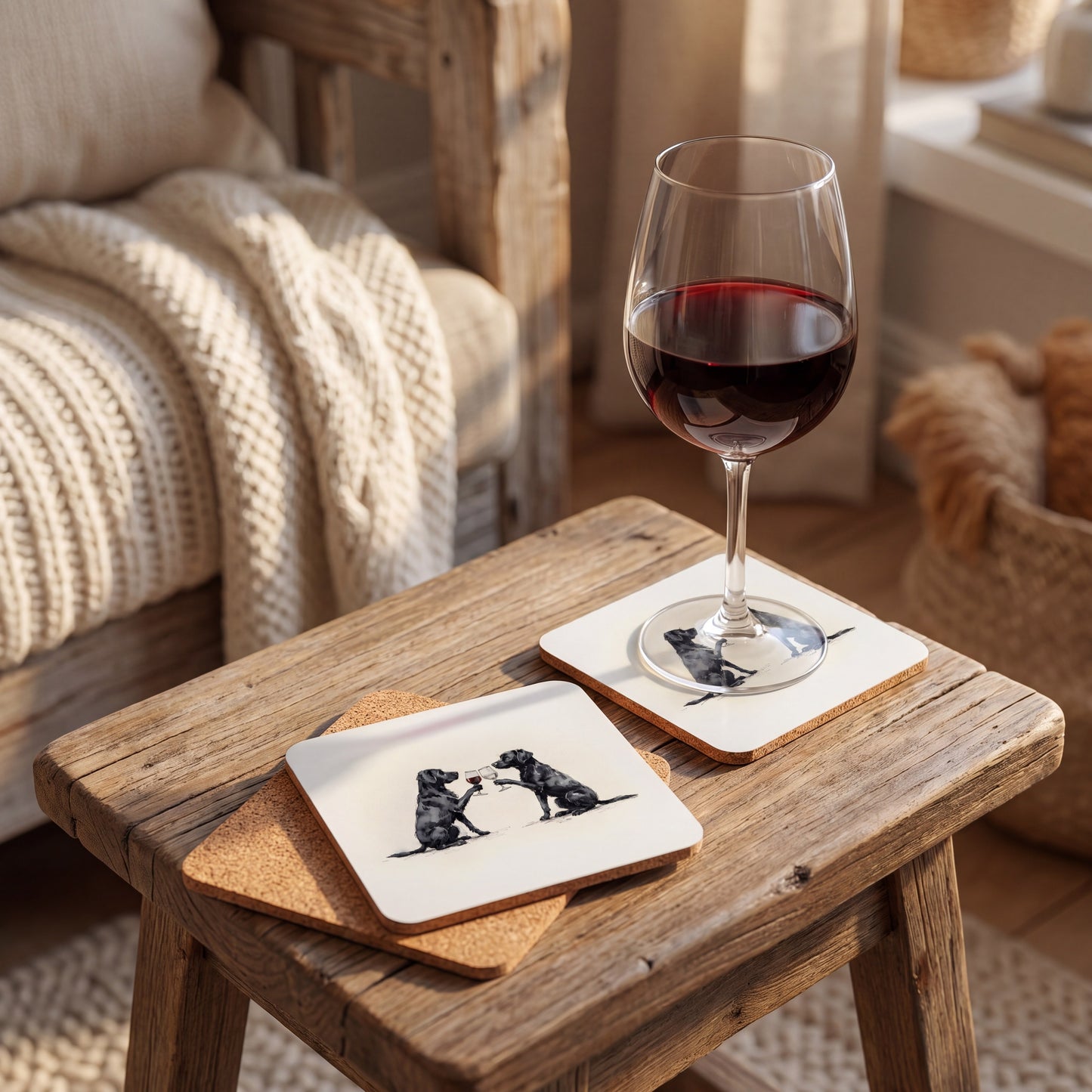 Black Labrador Retriever Happy Hour coaster set styled on a table