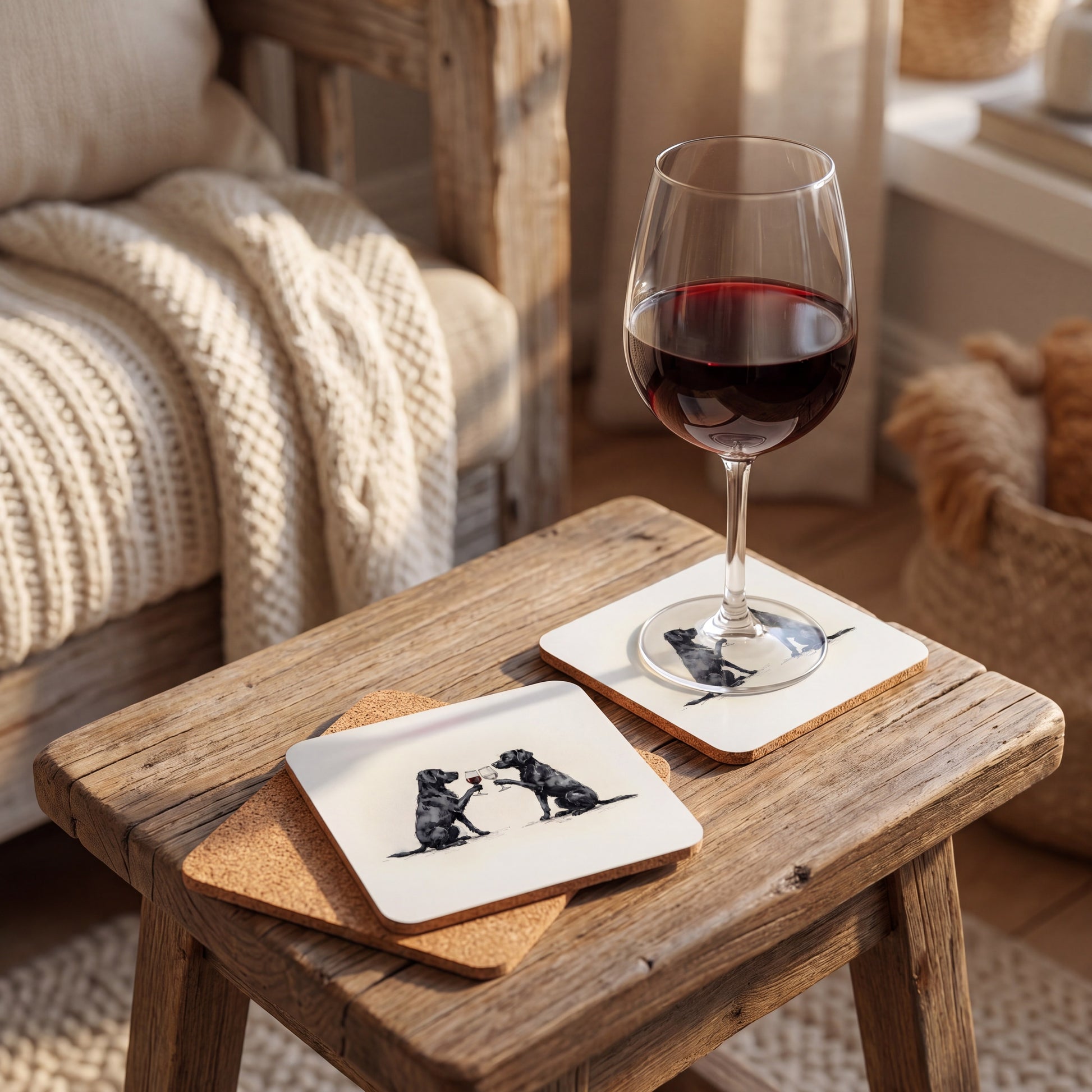 Black Labrador Retriever Happy Hour coaster set styled on a table